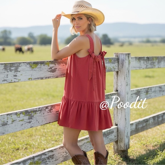 PEACH LOVE CALIFORNIA America patriotic washed red denim dress S M L - Picture 3 of 6